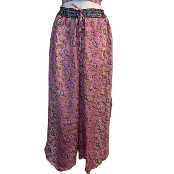 ASHA Pink Paisley Print Halter Crop Top Wide Leg Pants Set Boho Festival - Picture 3 of 5